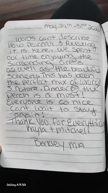 Handwritten note from a guest journal: may 29th-31st 2026 Words cant describe How peaceful & Relaxing it is here. We spent our time enjoying the surr…