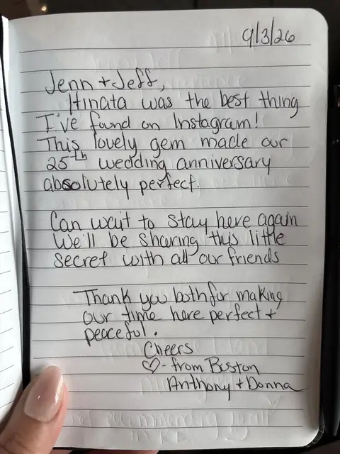 Handwritten note from a guest journal: 9/3/26 Jenn + Jeff, Hinata was the best thing I've found on Instagram! This lovely gem made our 25th wedding a…