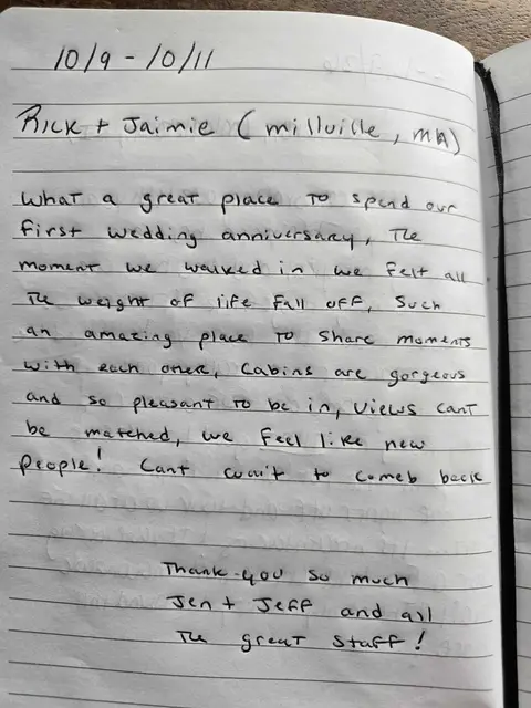Handwritten note from a guest journal: 10/9 - 10/11 Rick & Jaime (Millville, MA) What a great place to spend our first wedding anniversary. The momen…