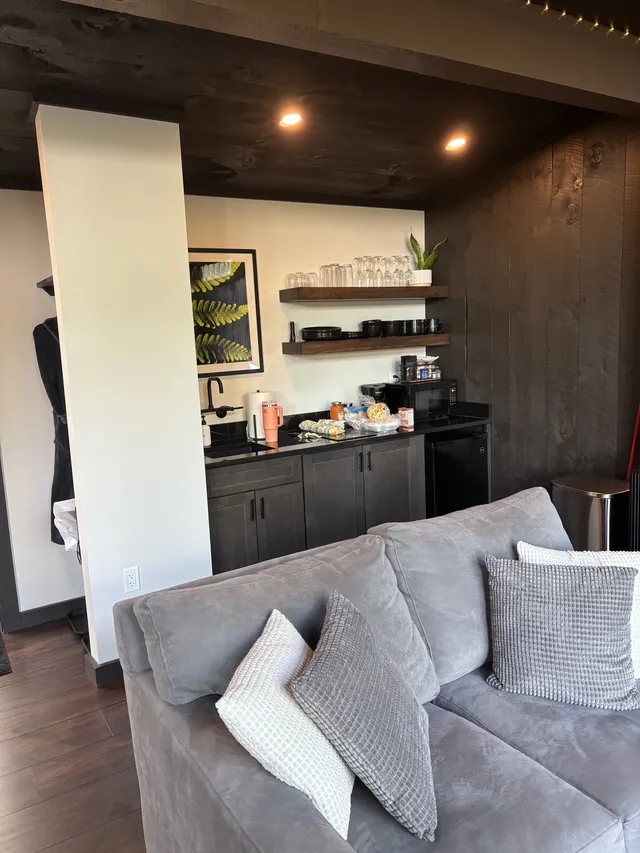 A gray sofa faces a compact kitchenette with dark wood cabinets, open shelves, and a microwave.