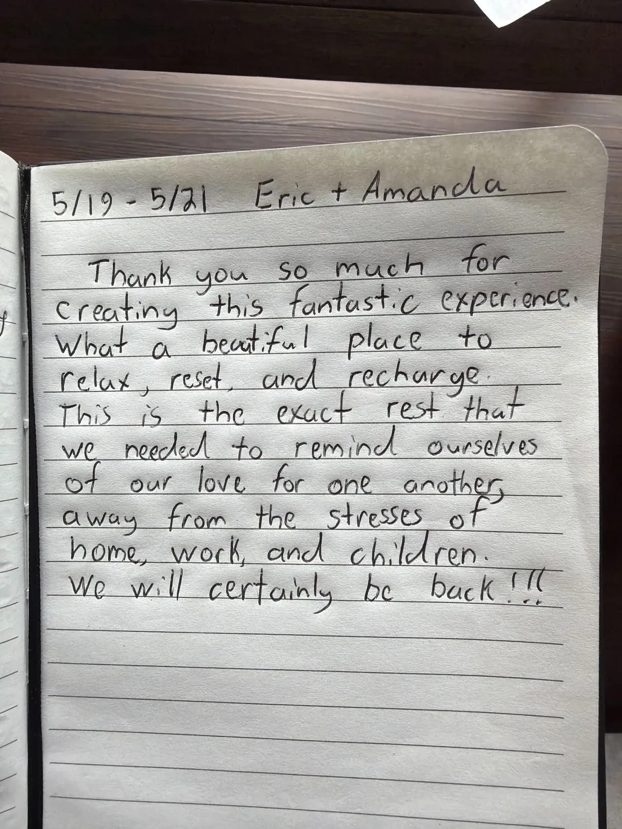 Handwritten guest journal page: 5/19 - 5/21 Eric + Amanda Thank you so much for creating this fantastic experience. What a beautiful