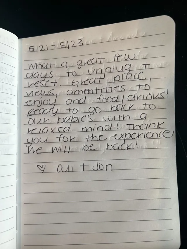 Handwritten guest journal page: 5/21 - 5/23 What a great few days to unplug and reset. Great place, views, amentities to enjoy and f