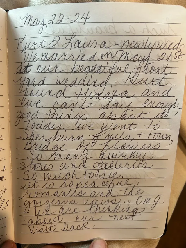 Handwritten guest journal page: May 22-24 Kurt & Laura - newlyweds We married on May 21st at our beautiful front yard wedding. Kurt 