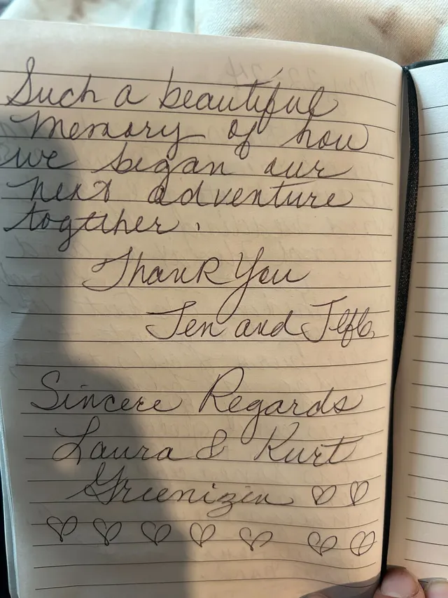 Handwritten guest journal page: Such a beautiful memory of how we began our next adventure together. Thank You Jen and Jeff. Sincere