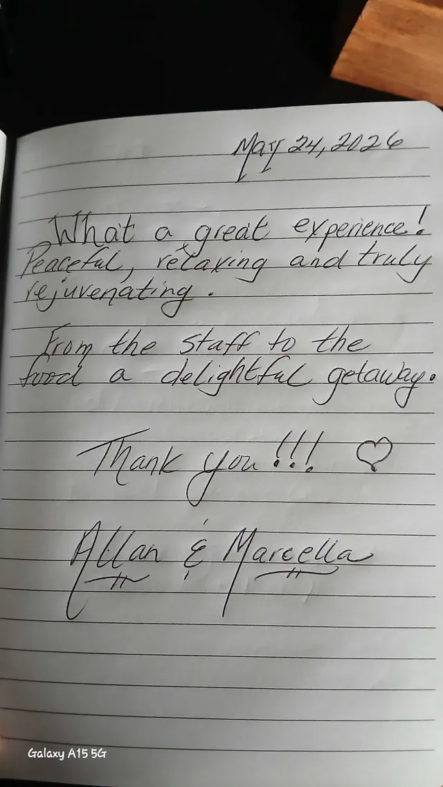 Handwritten guest journal page: May 24, 2026 What a great experience! Peaceful, relaxing and truly rejuvenating. From the staff to t