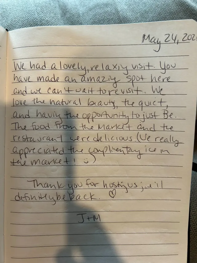Handwritten guest journal page: May 24, 2026 We had a lovely, relaxing visit. You have made an amazing spot here and we can't wait t