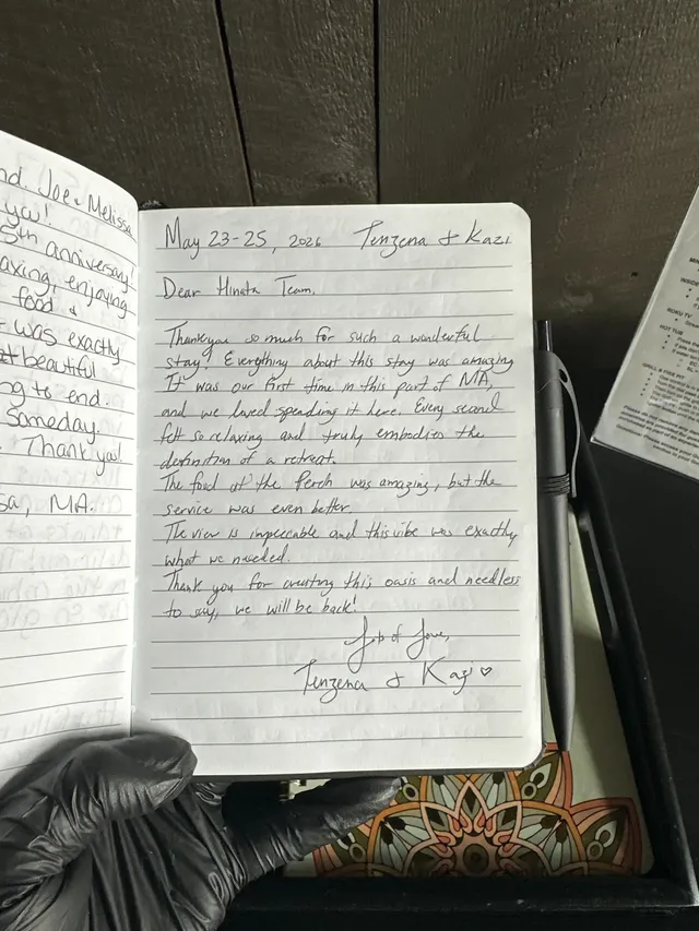 Handwritten guest journal page: May 23-25, 2026 Tenzina & Kazi Dear Hinata Team, Thank you so much for such a wonderful stay! Everyt