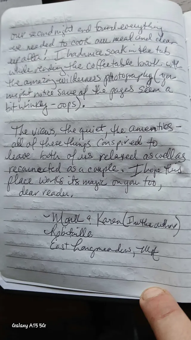 Handwritten guest journal page: our second night and found everything we needed to cook our meal and clean up after! I had a nice so