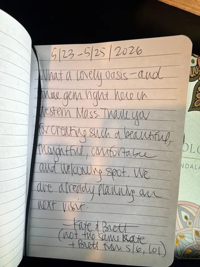 Handwritten guest journal page: 5/23-5/25/2026 What a lovely oasis - and true gem right here in Western Mass. Thank you for creating