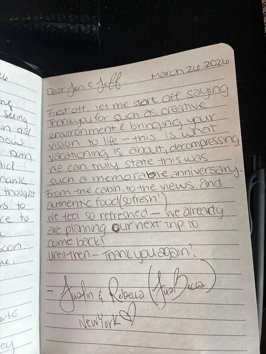 Handwritten guest journal page: Dear Jen & Jeff March 26, 2026 First off, let me start off saying Thank you for such as creative env