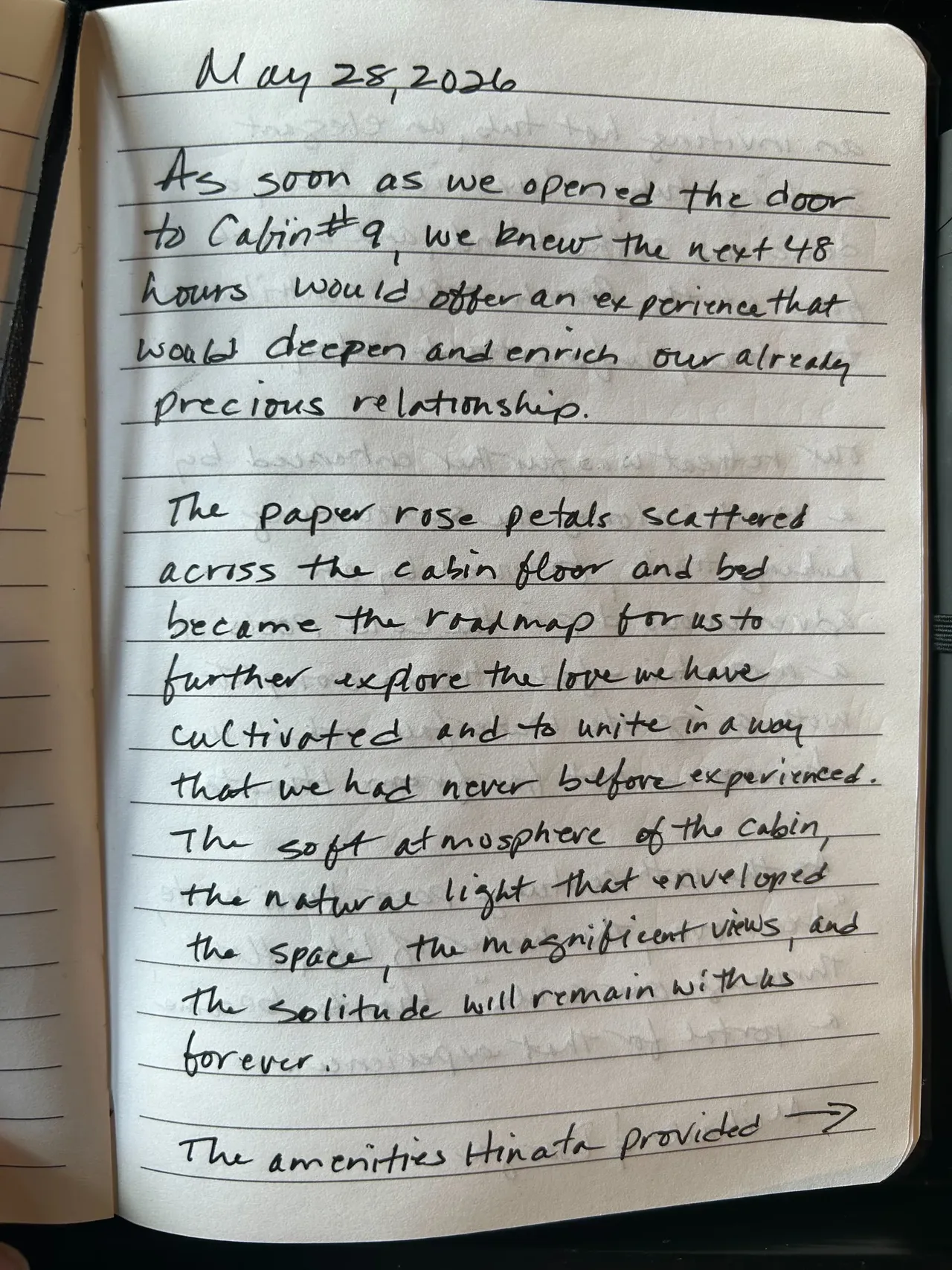 Handwritten guest journal page: May 28, 2026 As soon as we opened the door to Cabin #9, we knew the next 48 hours would offer an exp