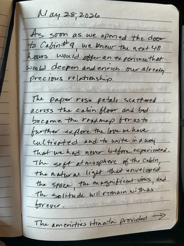Handwritten guest journal page: May 28, 2026 As soon as we opened the door to Cabin #9, we knew the next 48 hours would offer an exp