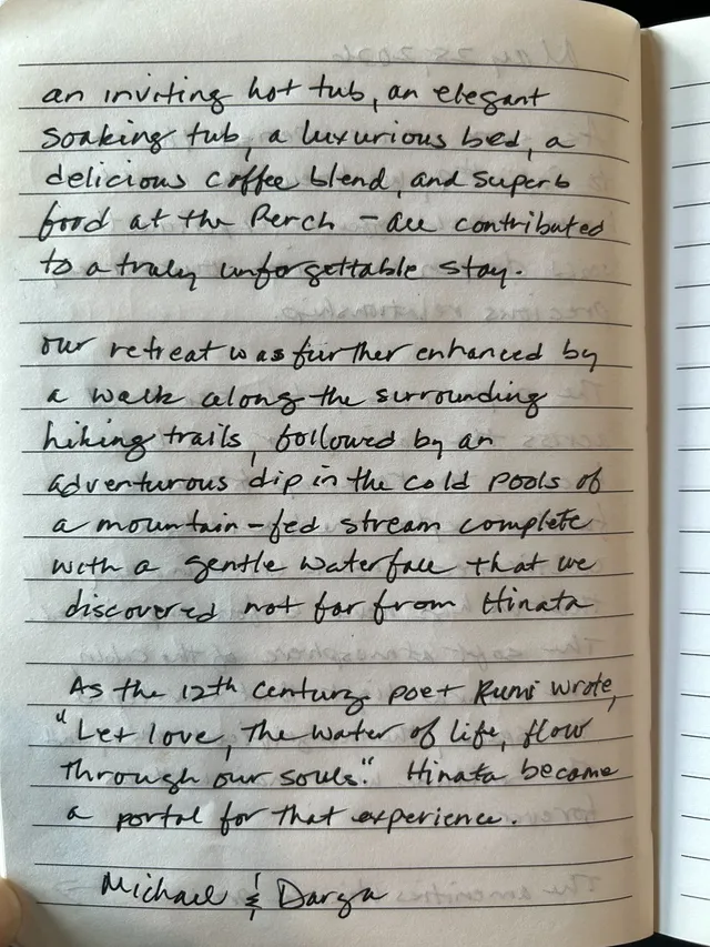 Handwritten guest journal page: an inviting hot tub, an elegant soaking tub, a luxurious bed, a delicious coffee blend, and superb f