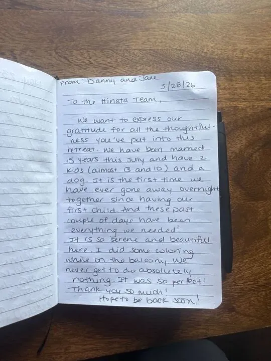 Handwritten guest journal page: From: Danny and Jane 5/28/26 To the Hinata Team, We want to express our gratitude for all the though