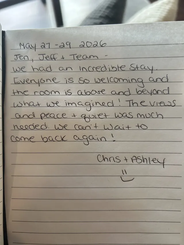 Handwritten guest journal page: May 27-29 2026 Jen, Jeff + Team - We had an Incredible Stay. Everyone is so welcoming and the room i