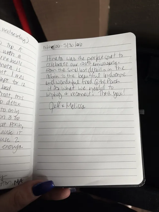 Handwritten guest journal page: 5/29/26-5/30/26 Hinata was the perfect spot to celebrate our 20th anniversary. From the smallest det