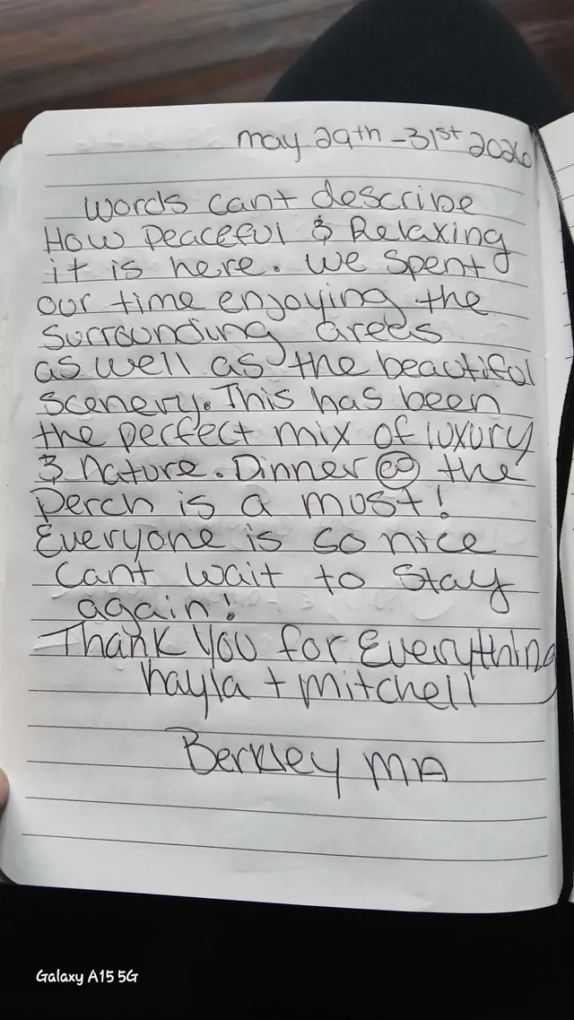 Handwritten guest journal page: may 29th-31st 2026 Words cant describe How peaceful & Relaxing it is here. We spent our time enjoyin