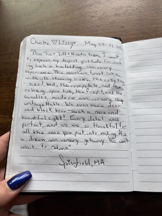 Handwritten guest journal page: Charlie ♡ Lizzya May 29-31 2026 "Dear Jen + Jeff + Hinata team, I want to express my deepest gratitu
