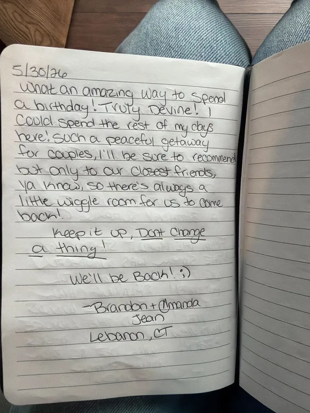 Handwritten guest journal page: 5/30/26 What an amazing way to spend a birthday! Truly Devine! I could spend the rest of my days her