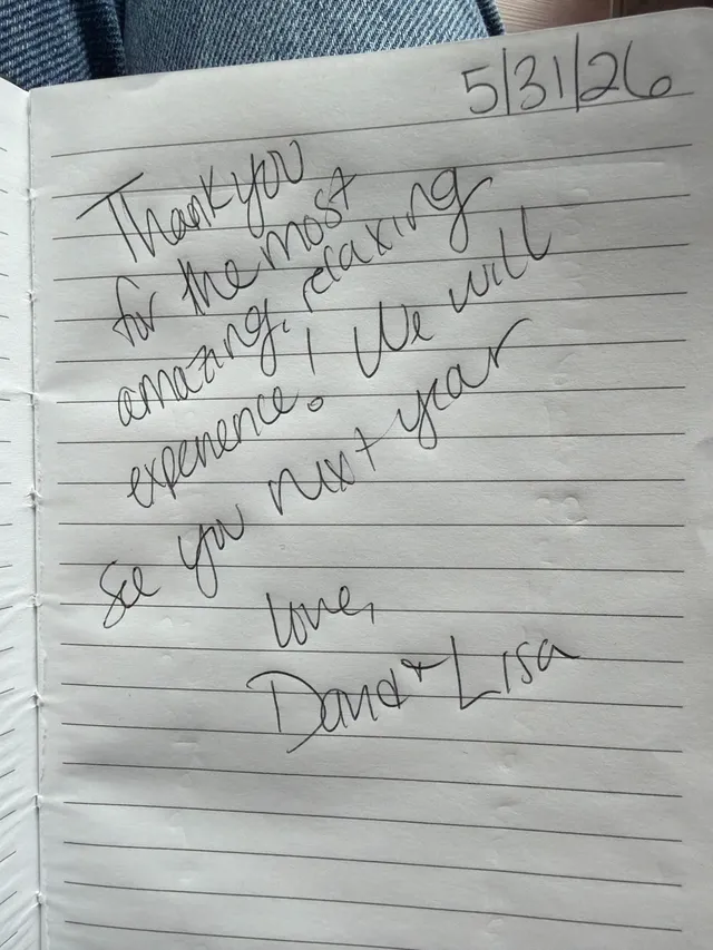 Handwritten guest journal page: 5/31/26 Thank you for the most amazing, relaxing experience! We will see you next year Love, David &