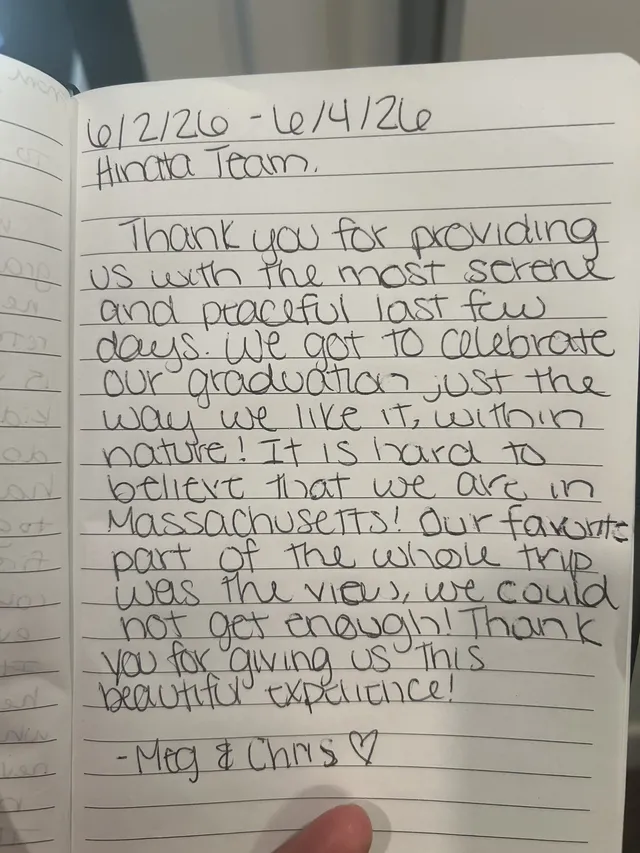 Handwritten guest journal page: 6/2/26 - 6/4/26 Hinata Team, Thank you for providing us with the most serene and peaceful last few d