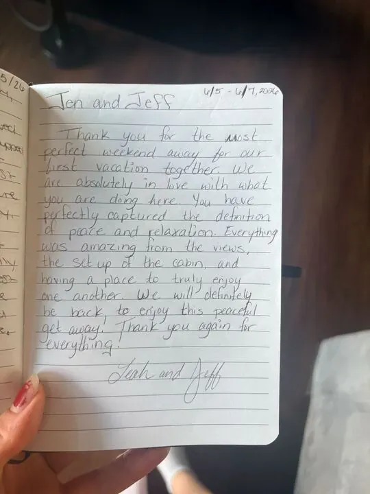 Handwritten guest journal page: Jen and Jeff 6/5 - 6/7, 2026 Thank you for the most perfect weekend away for our first vacation toge