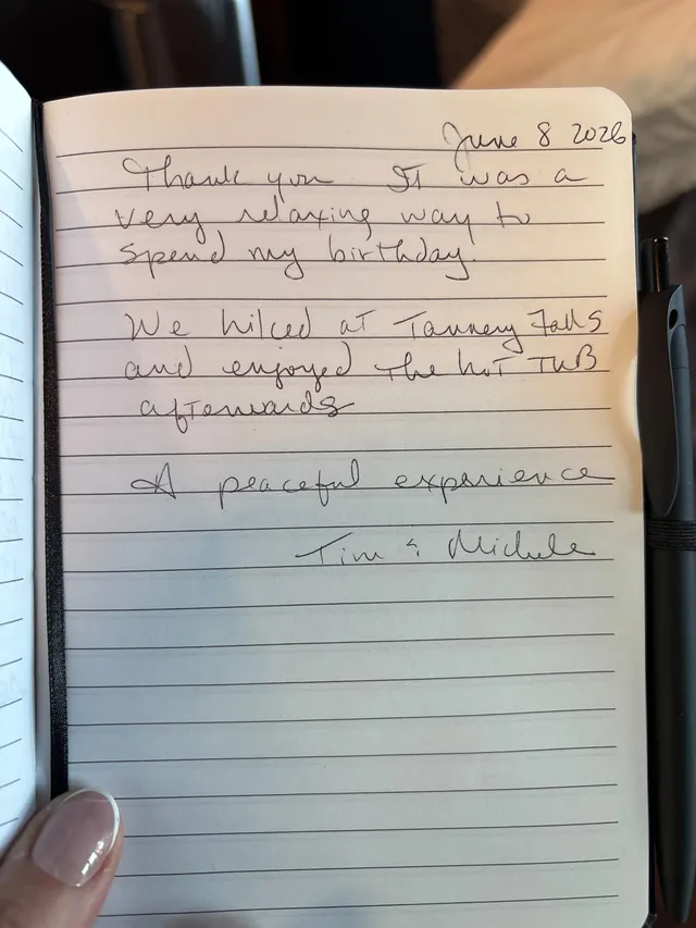 Handwritten guest journal page: June 8 2026 Thank you. It was a very relaxing way to spend my birthday. We hiked at Tannery Falls an