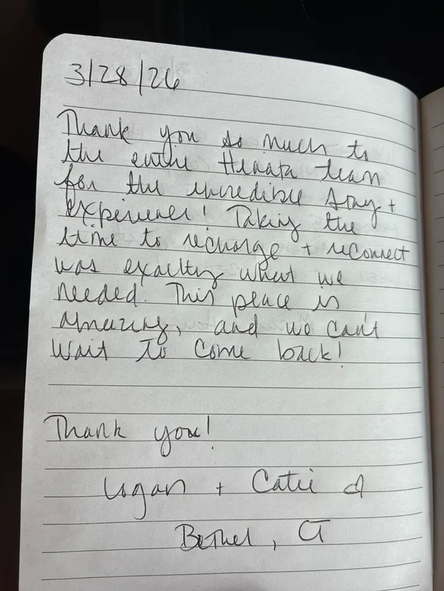 Handwritten guest journal page: 3/28/26 Thank you so much to the entire Hinata team for the incredible stay + experience! Taking the