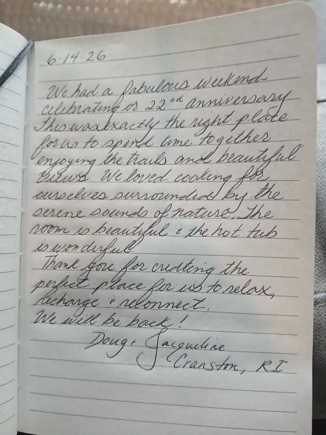 Handwritten guest journal page: 6·14·26 We had a fabulous weekend celebrating our 22nd anniversary. This was exactly the right place
