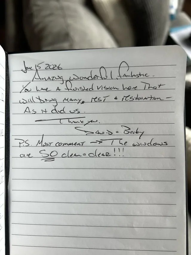 Handwritten guest journal page: June 15 2026 Amazing, Wonderful, Fantastic. You have A flawless vision here that will bring many res