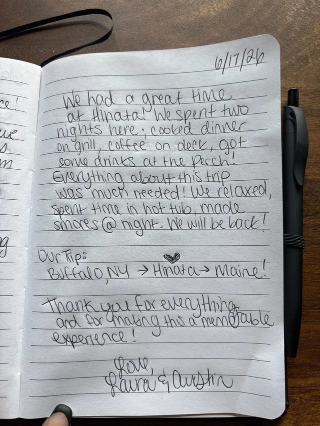 Handwritten guest journal page: 6/17/26 We had a great time at Hinata! We spent two nights here; cooked dinner on grill, coffee on d