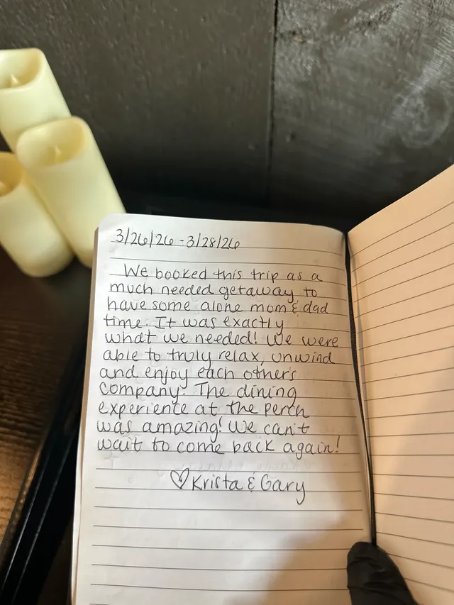 Handwritten guest journal page: 3/26/26 - 3/28/26 We booked this trip as a much needed getaway to have some alone mom & dad time. It