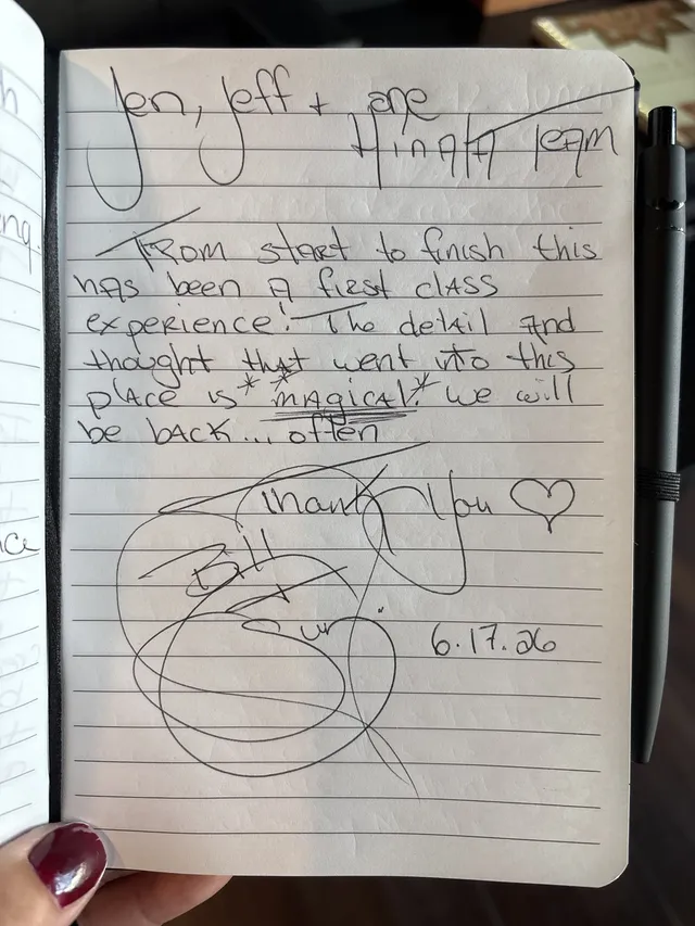 Handwritten guest journal page: Jen, Jeff + are Hinata Team From start to finish this has been a first class experience! The detail 