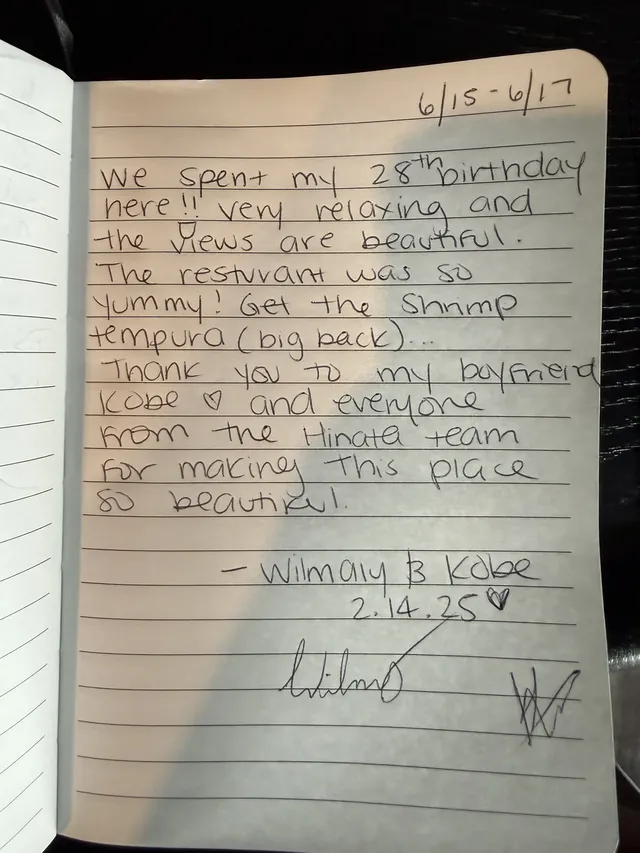 Handwritten guest journal page: 6/15-6/17 We spent my 28th birthday here!! Very relaxing and the views are beautiful. The resturant 