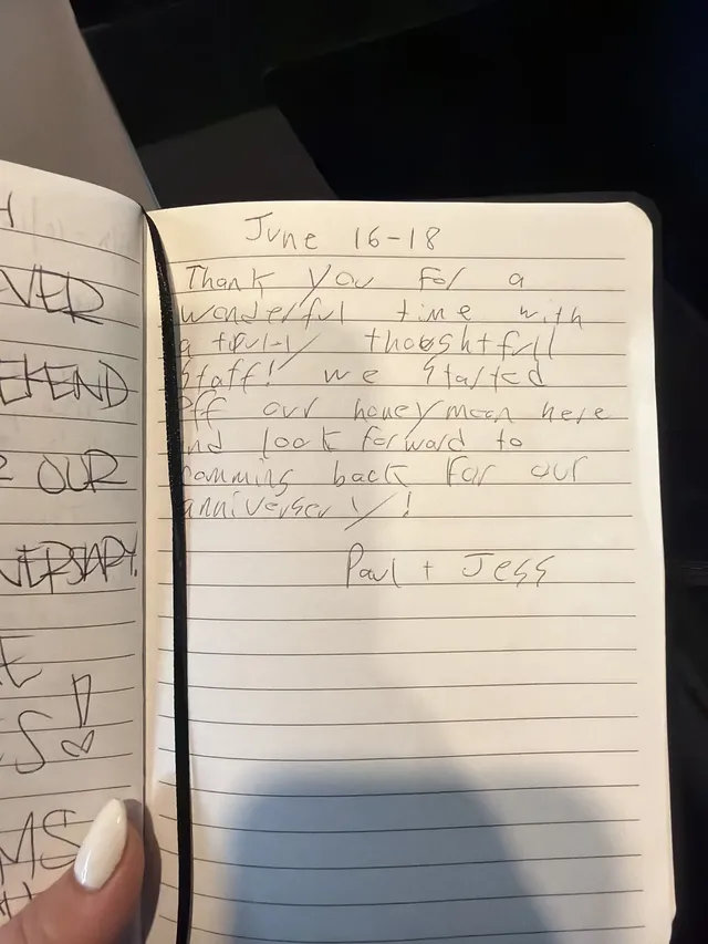 Handwritten guest journal page: June 16-18 Thank you for a wonderful time with a truly thoughtful staff! We started off our honeymoo