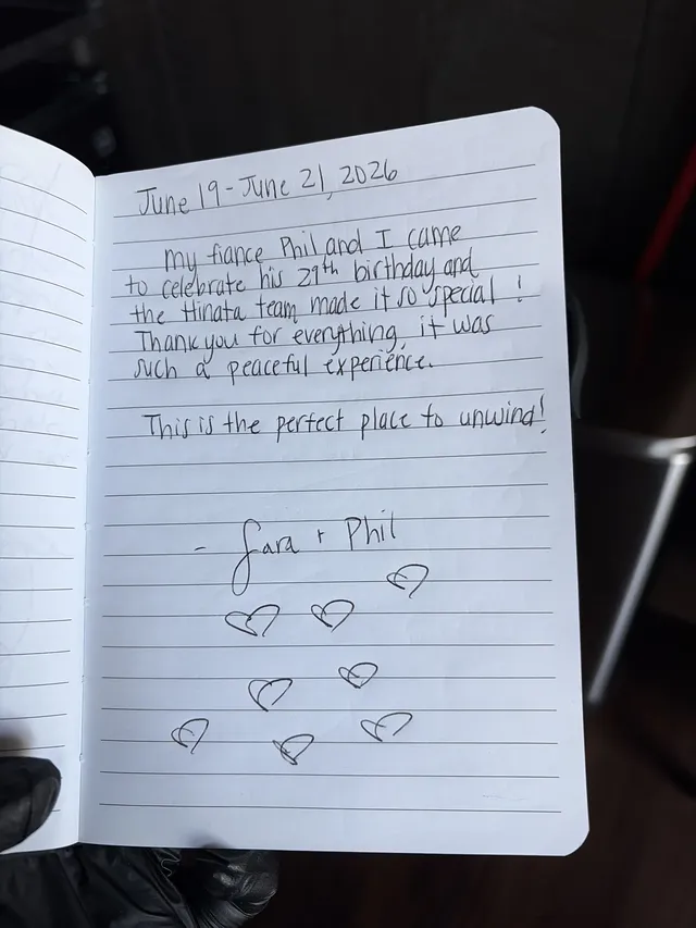 Handwritten guest journal page: June 19 - June 21, 2026 My fiance Phil and I came to celebrate his 29th birthday and the Hinata team