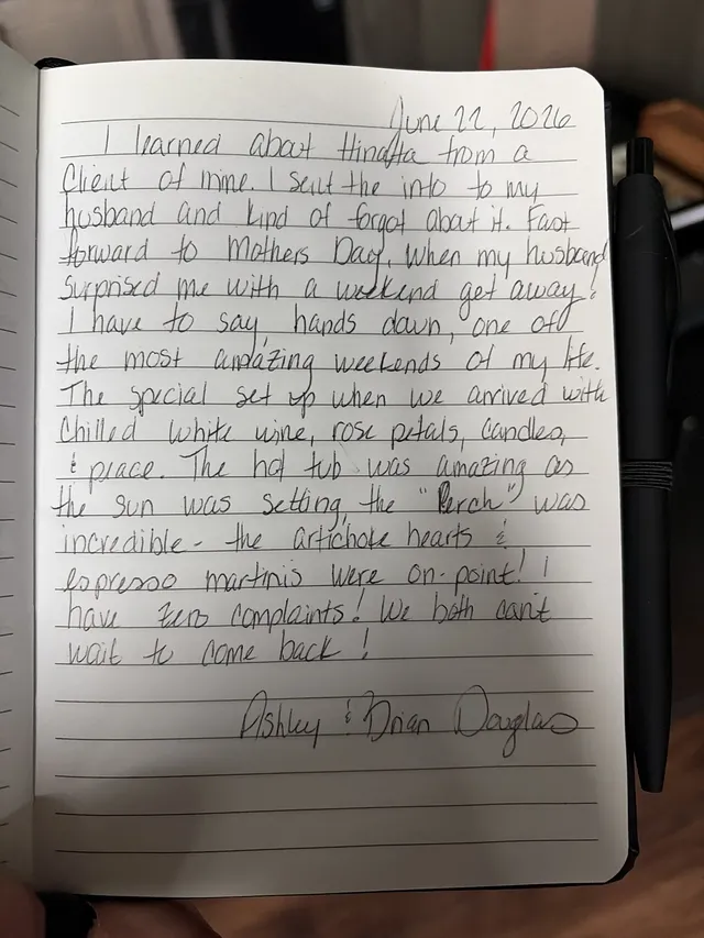 Handwritten guest journal page: June 22, 2026 I learned about Hinata from a client of mine. I sent the info to my husband and kind o