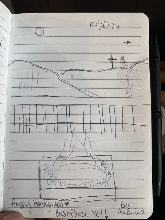 Handwritten guest journal page: 06/20/26 Happy Honeymoon ♡ Best place yet! Best, The Benitez