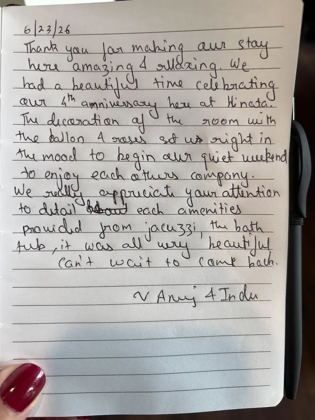 Handwritten guest journal page: 6/23/26 Thank you for making our stay here amazing & relaxing. We had a beautiful time celebrating o