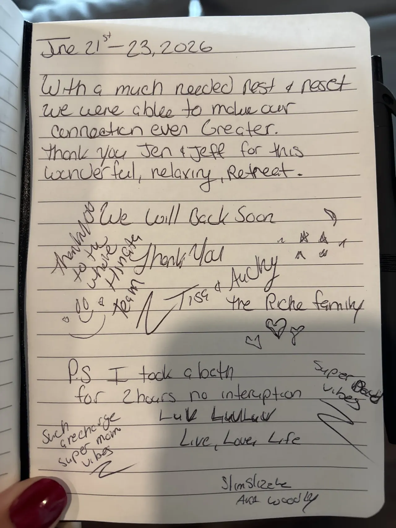 Handwritten guest journal page: June 21st - 23, 2026 With a much needed rest & reset we were able to make our connection even Greate