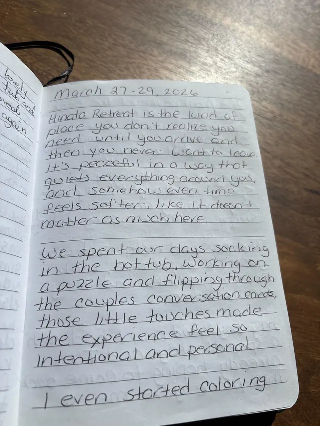 Handwritten guest journal page: March 27-29, 2026 Hinata Retreat is the kind of place you don't realize you need until you arrive an
