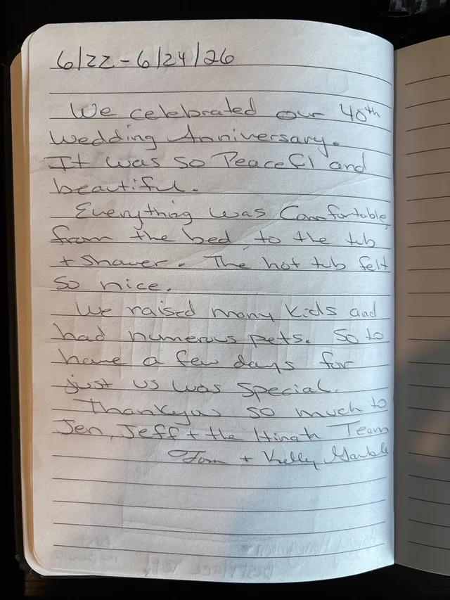 Handwritten guest journal page: 6/22-6/24/26 We celebrated our 40th wedding anniversary. It was so peaceful and beautiful. Everythin