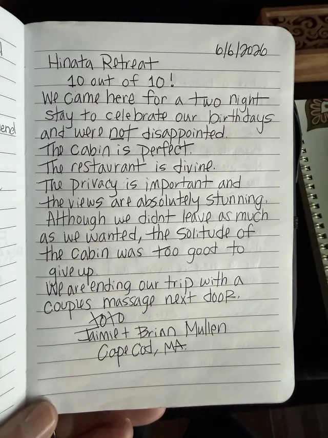 Handwritten guest journal page: 6/6/2026 Hinata Retreat 10 out of 10! We came here for a two night stay to celebrate our birthdays a