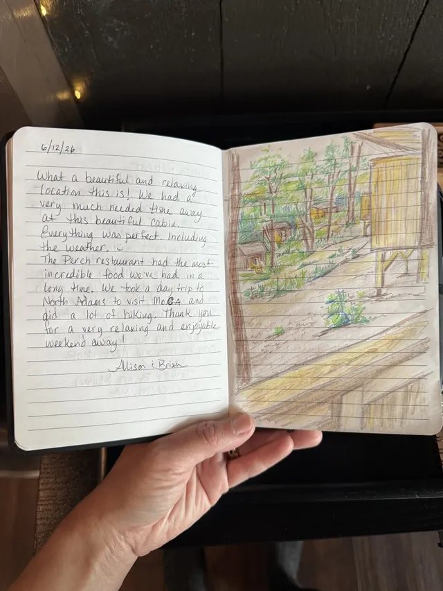 Handwritten guest journal page: 6/12/26 What a beautiful and relaxing location this is! We had a very much needed time away at this 