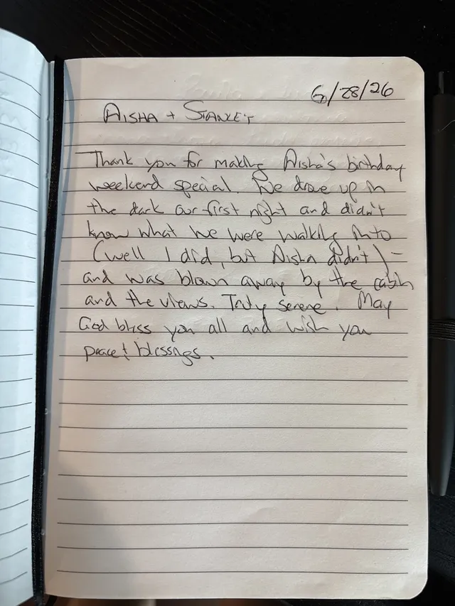 Handwritten guest journal page: AISHA + STANLEY Thank you for making Aisha's birthday weekend special. We drove up in the dark our f