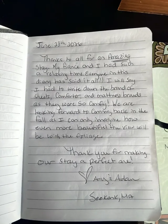 Handwritten guest journal page: Thanks to all for an Amazing Stay. My fiancé and I had such a relaxing time. Everyone in this diary 