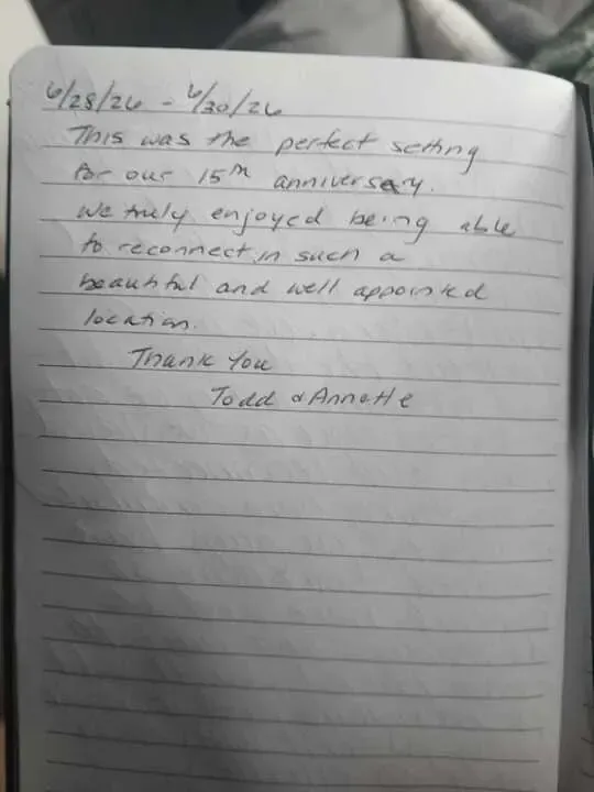 Handwritten guest journal page: This was the perfect setting for our 15th anniversary. We truly enjoyed being able to reconnect in s