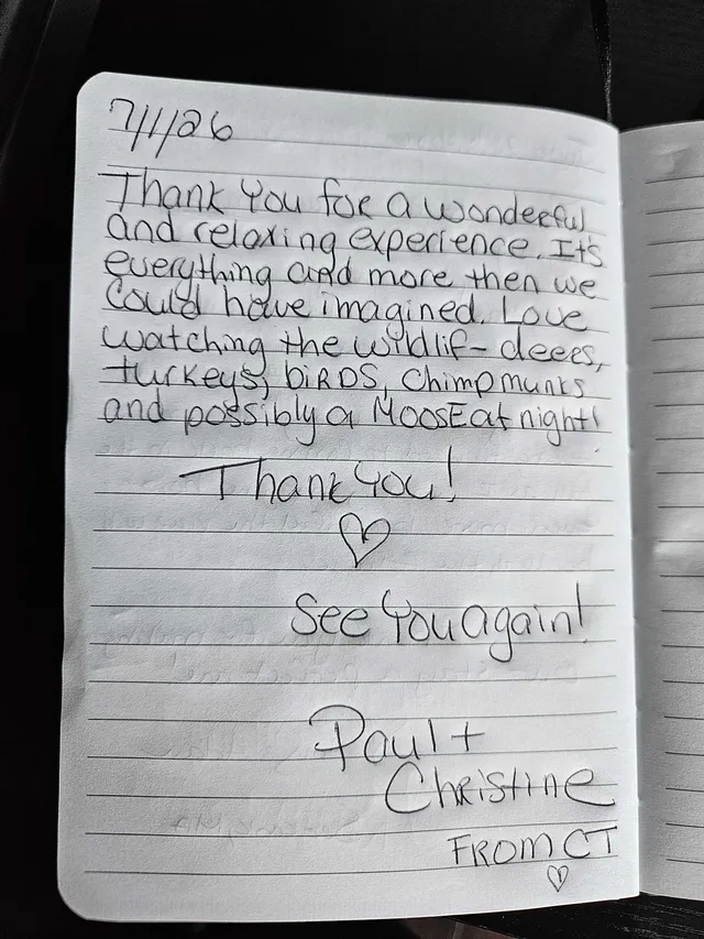 Handwritten guest journal page: Thank You for a wonderful and relaxing experience. It's everything and more then we could have imagi