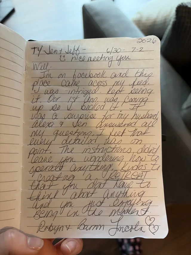 Handwritten guest journal page: TY Jen + Jeff - nice meeting you Well. I'm on facebook and this place came across my feed. I was int