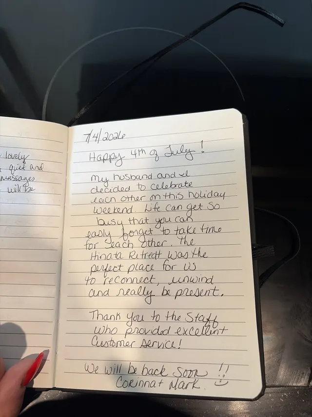 Handwritten guest journal page: 7/4/2026 Happy 4th of July! My husband and I decided to celebrate each other on this holiday weekend